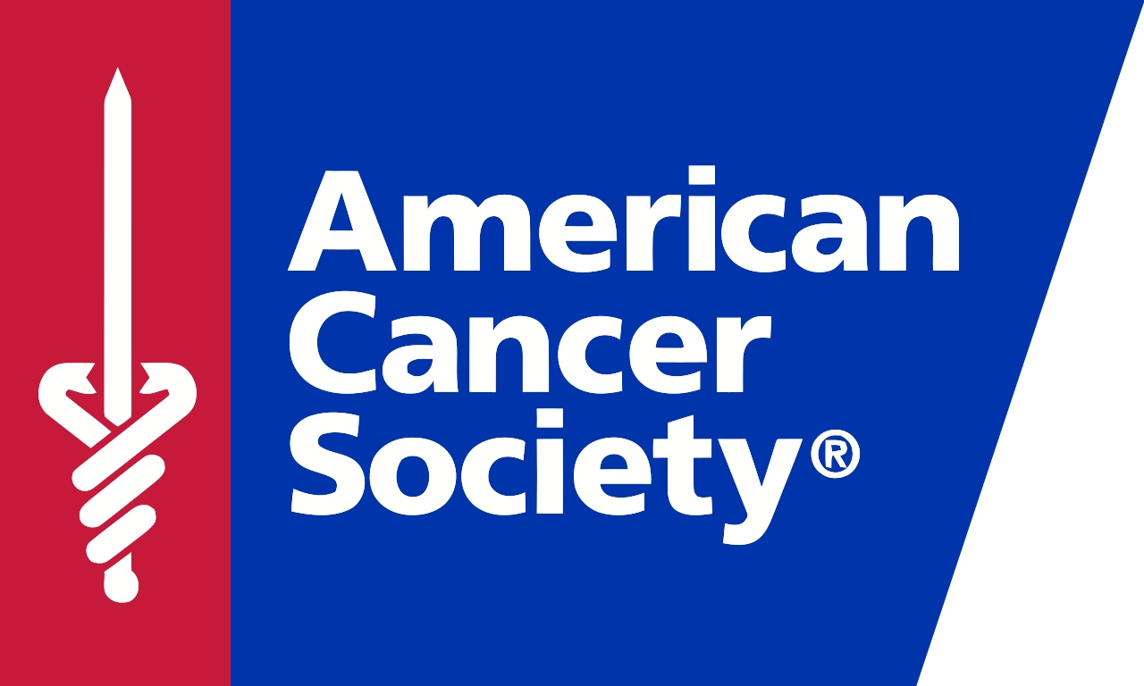 The american cancer society logo is blue and red with a medical symbol.