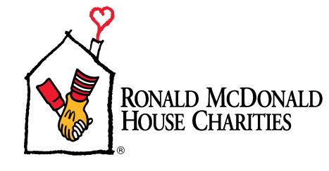 A logo for ronald mcdonald house charities with a house and two hands shaking.