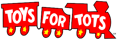 The logo for toys for tots is a red train with stars on the side.