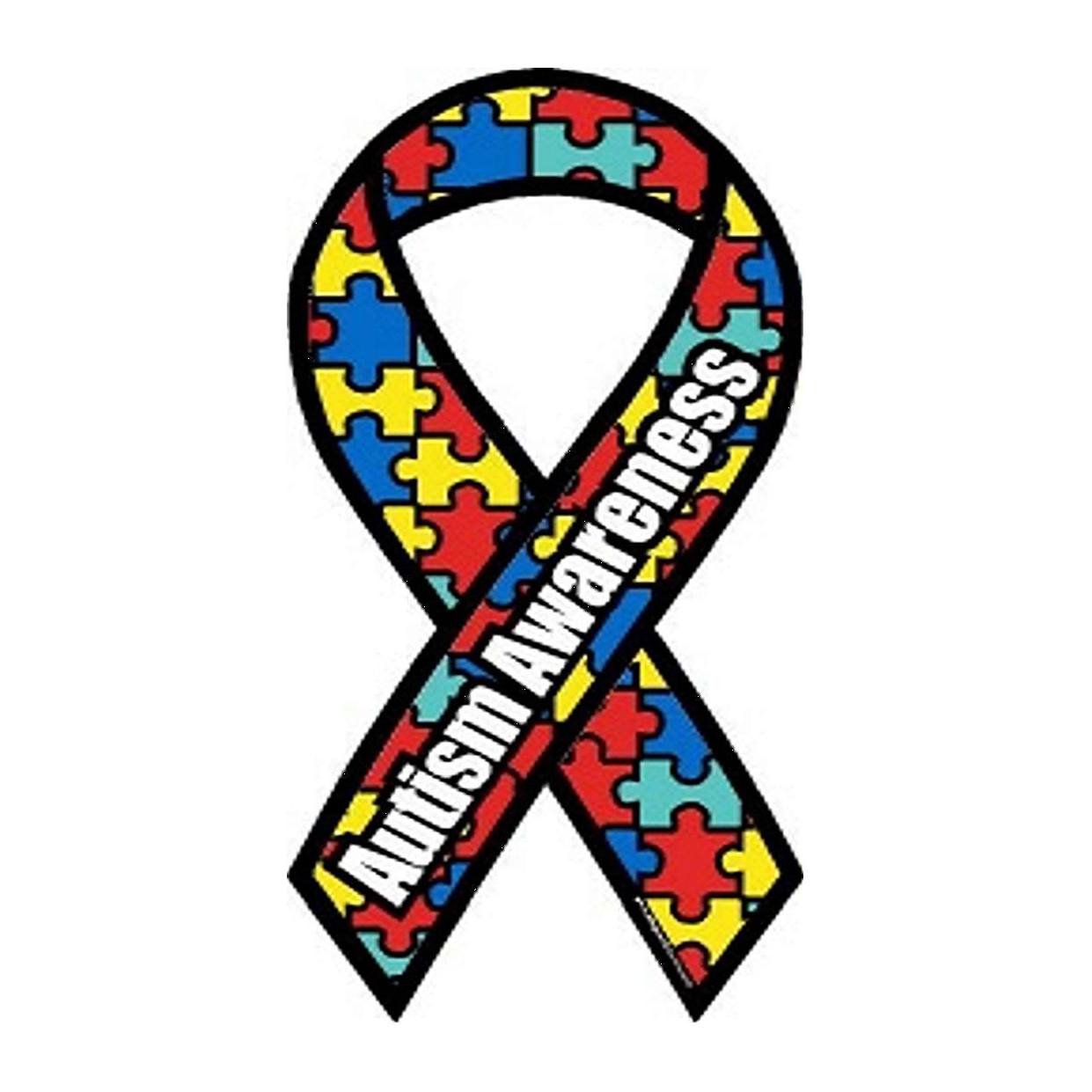 Autism Awareness ribbon with puzzle pieces in red, yellow, blue, and green. Text: Autism Awareness.
