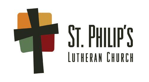 Logo for St. Philip's Lutheran Church: Cross over colorful squares, text
