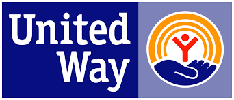 United Way logo: white text on blue, hand with person inside a circle.