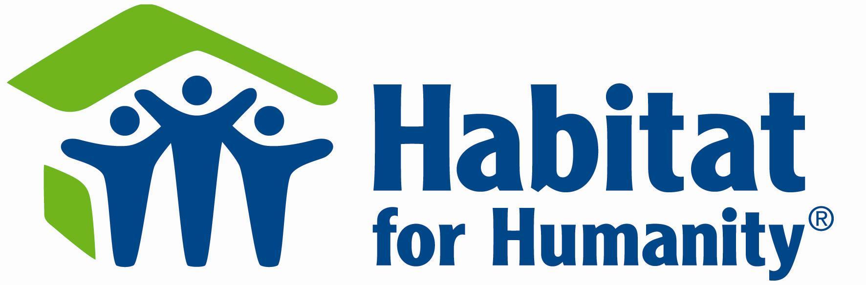 The habitat for humanity logo is blue and green and says habitat for humanity.