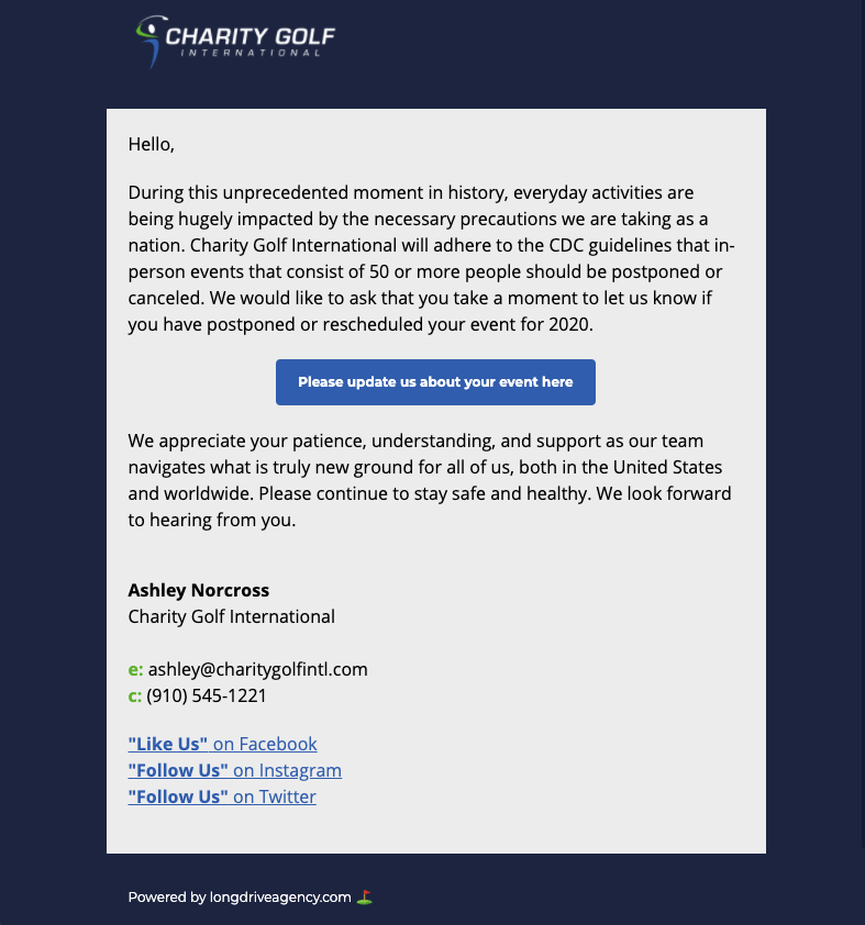 A screenshot of a charity golf email.