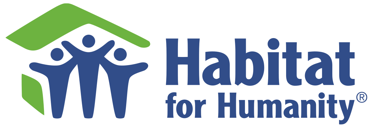 The habitat for humanity logo is blue and green and says habitat for humanity.
