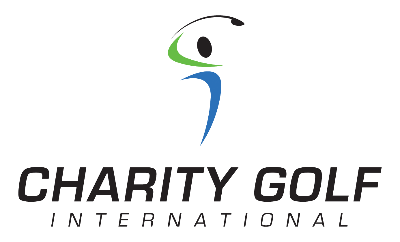 Logo: stylized figure swinging a golf club, green, blue, and black colors, "CHARITY GOLF INTERNATIONAL" text below.