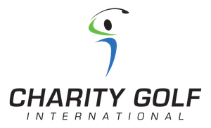 Logo: stylized figure swinging a golf club, green, blue, and black colors, "CHARITY GOLF INTERNATIONAL" text below.