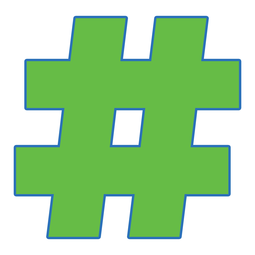 A green hashtag icon with a blue outline on a white background.