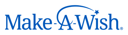 A blue make a wish logo on a white background