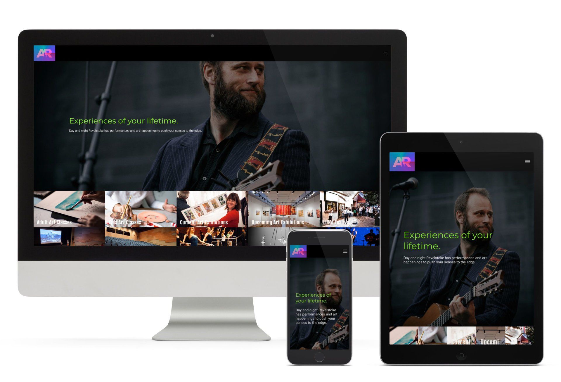 A man is playing a guitar on a computer , tablet , and phone.
