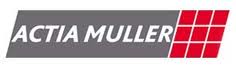 Logo ACTIA MULLER en gris et rouge avec une icône de grille rouge