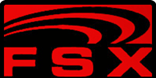 Logo FSX rouge et noir avec des courbes stylisées sur fond noir