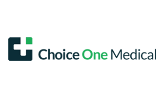 Logo: Choice One Medical, text beside a dark blue square containing a white cross with a green square top right.