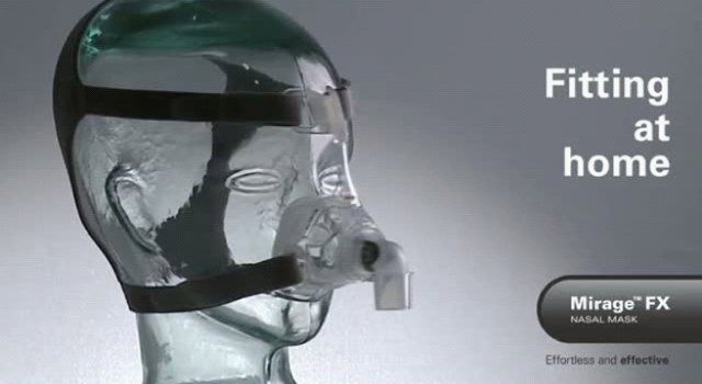 Glass head with a CPAP nasal mask, text reads 