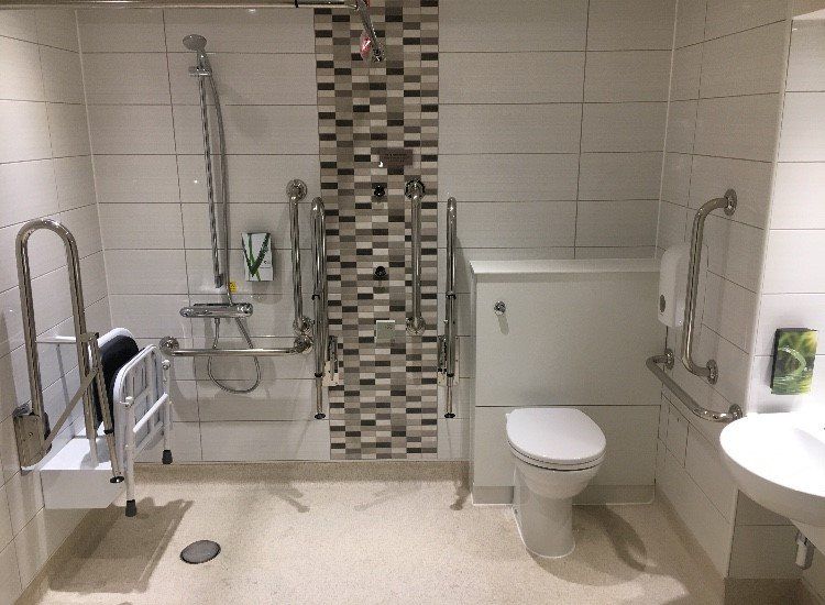 Accessible bathroom with roll-in shower, grab bars, toilet, and sink.