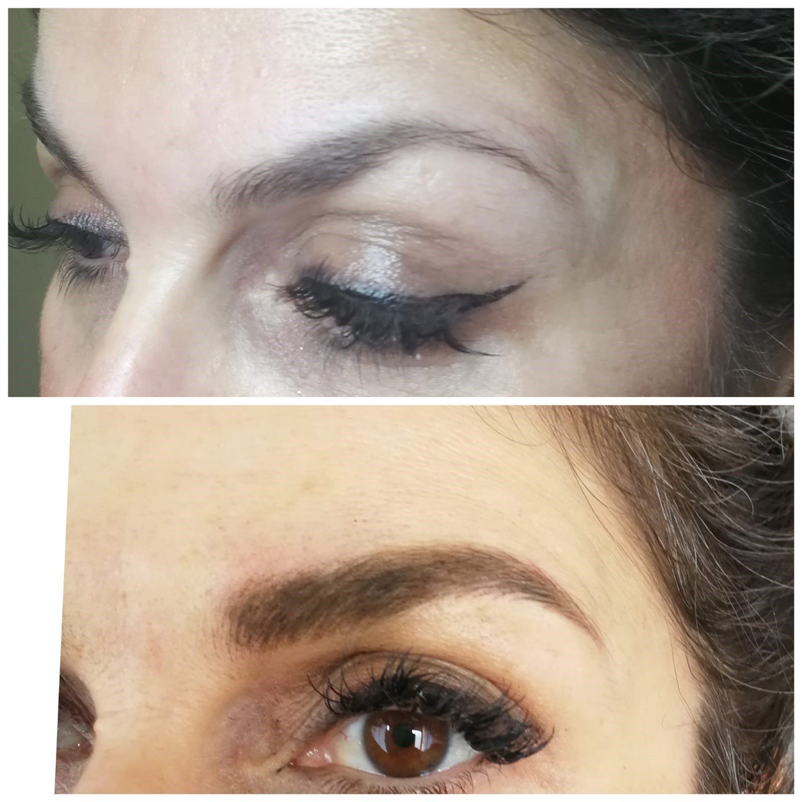 Prima e dopo l'applicazione del trucco alle sopracciglia