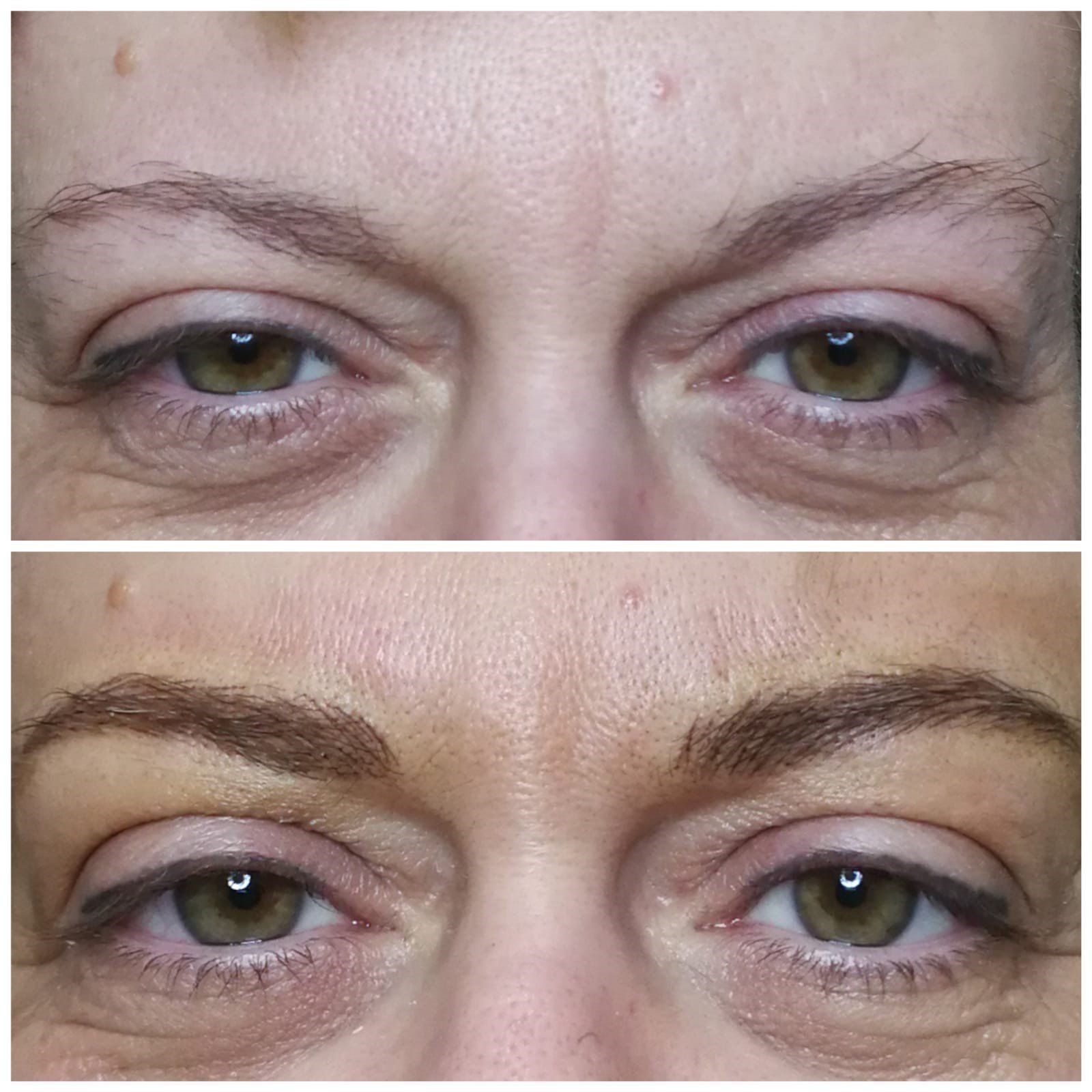 Confronto occhi: prima e dopo il trucco semipermanente. Sopracciglia marroni e eyeliner.