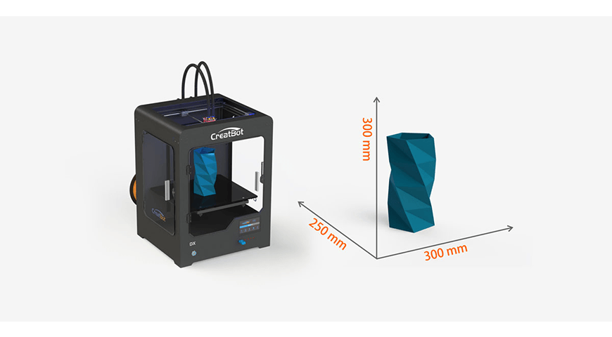 It shows Creatbot able to print large object of 250mm x-axis, 300mm y-axis and height 300mm on z-axis