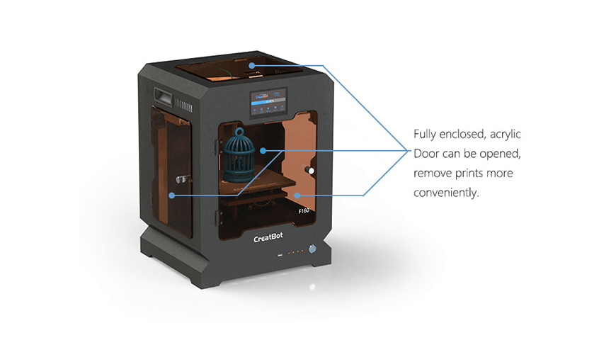 Features highlighted on fully enclosed Creatbot F160 3d printer by arcylic cover