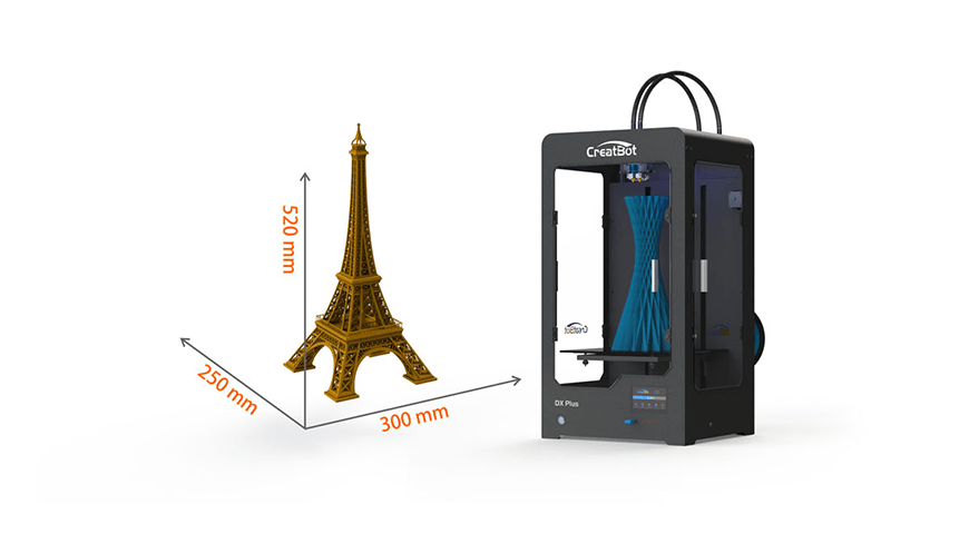 Eifel tower compare with Creatbot DX plus which able to print 250 x 520mm x 300 mm part size