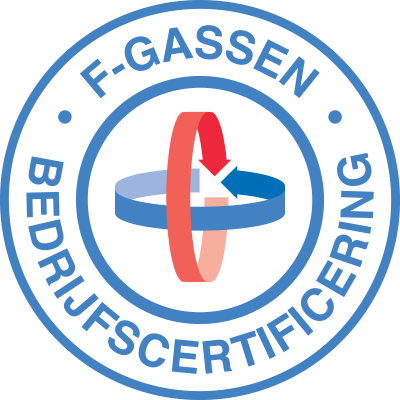 A blue and red logo for f-gassen bedrijfcertificering
