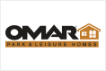 A logo for omar park & leisure homes with a house on it.