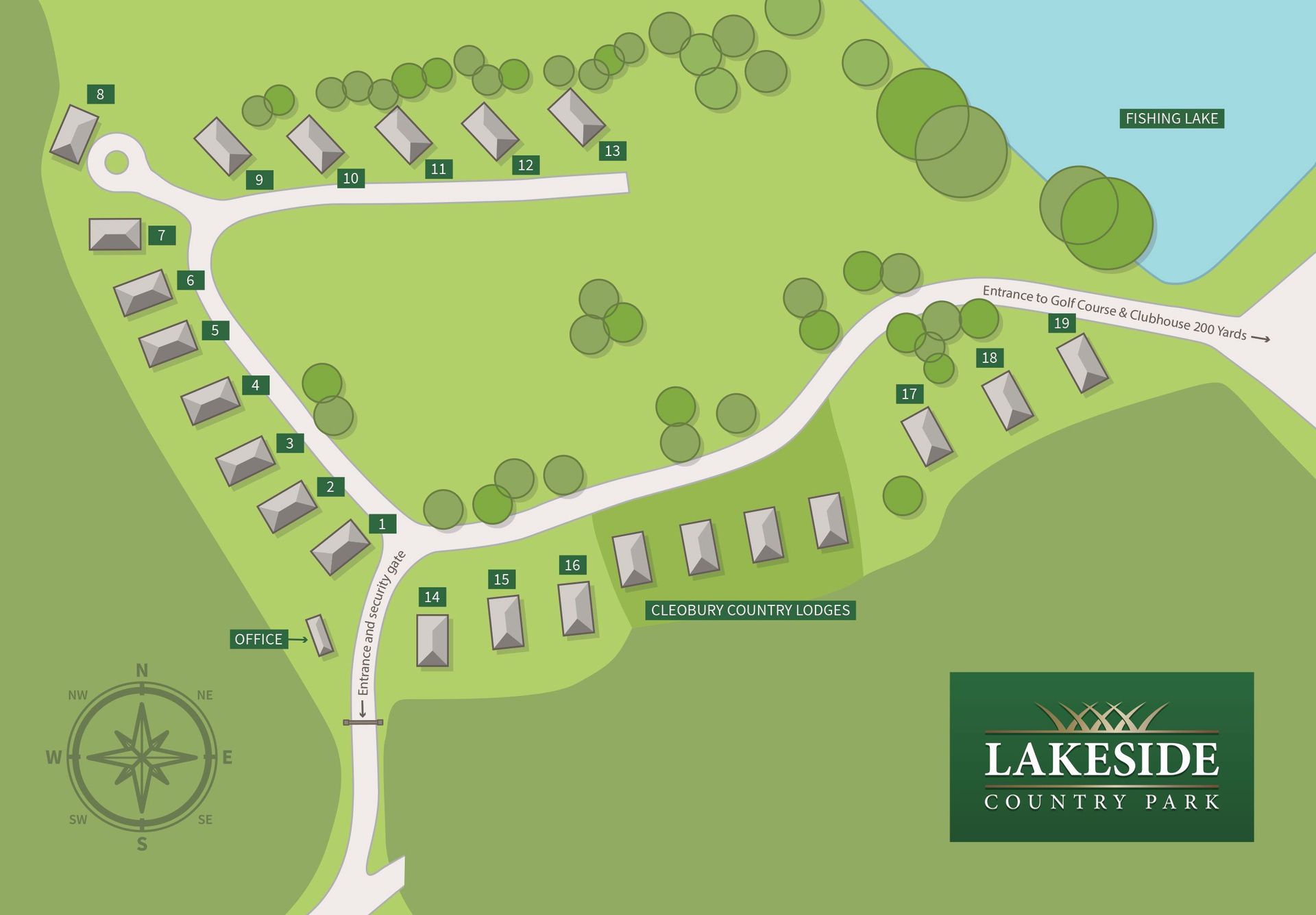 A map of lakeside country park with a compass on it