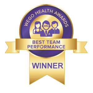 A WEGO Health Awards badge in purple and gold featuring three stylized figures and text reading 'BEST TEAM PERFORMANCE WINNER' on a golden banner