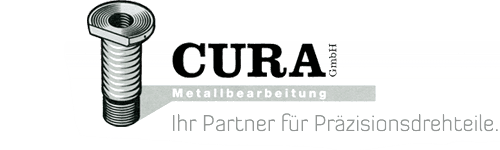 Logo of CURA Metallbearbeitung, featuring a screw, the company name, and the tagline 