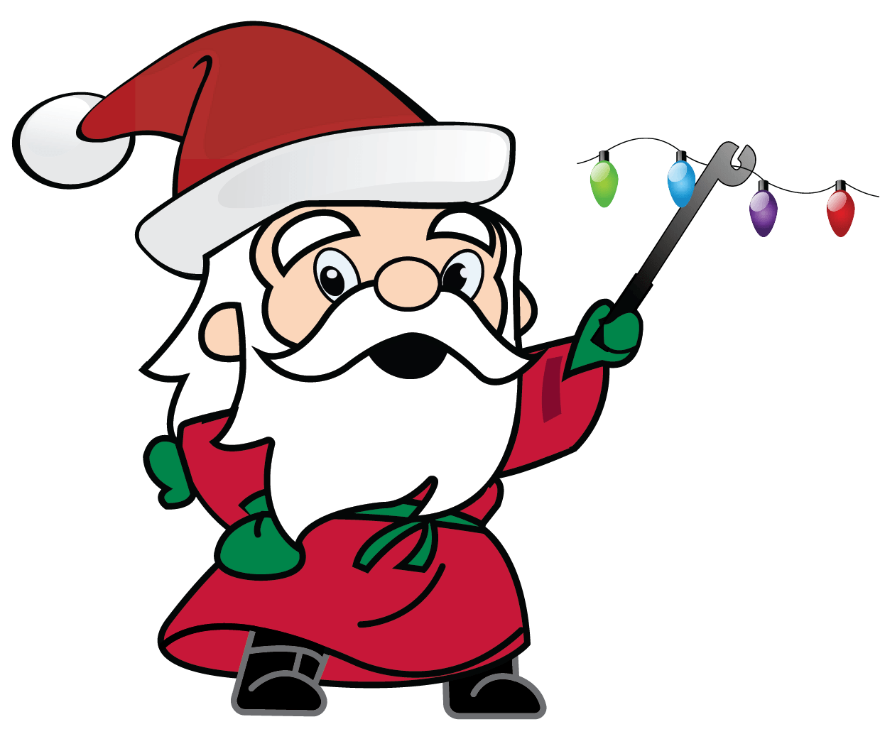 wizard dressed like Santa with red and green robe holding christmas lights