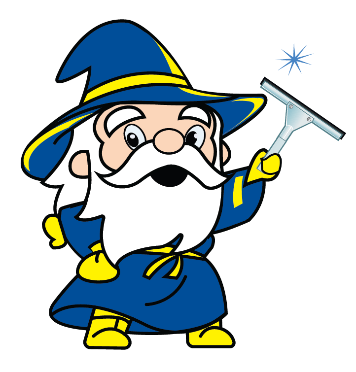 wizard in blue and yellow robe holding a squeegee