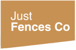 The logo for just fences co. is brown and white