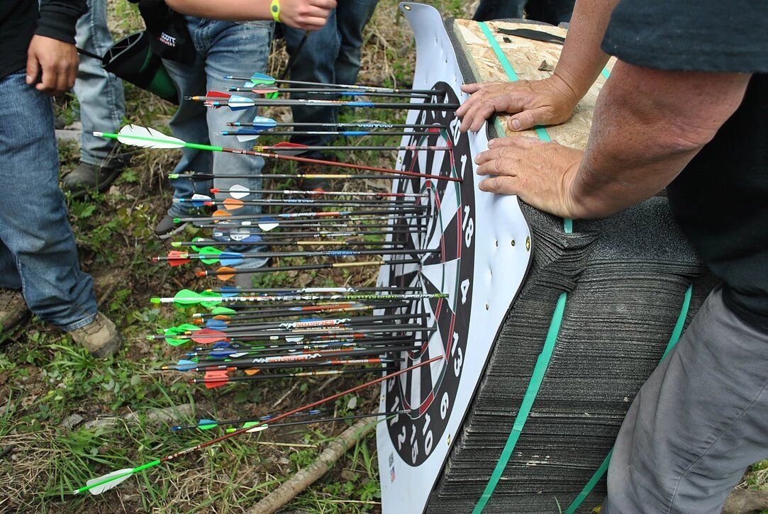 A bunch of arrows are sitting on top of a target
