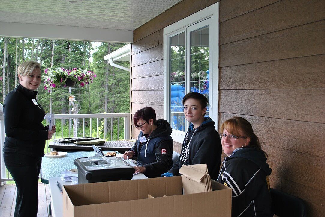 A group of women are sitting at a table on a porch.