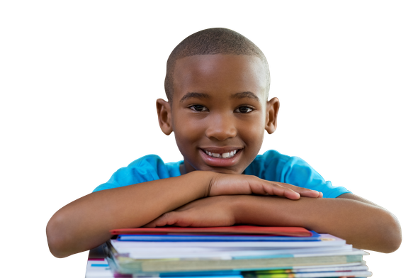 Boy smiling, arms crossed on stack of colorful books.