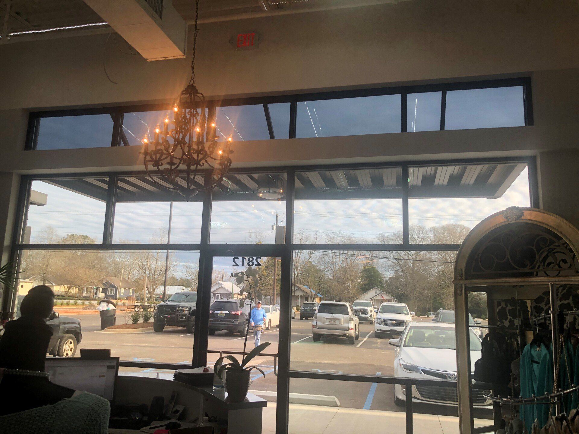 window tinting service in Opelika AL - SPF Tint blocked glare with UV Heat entering the transom windows at LA Salon in Opelika, AL