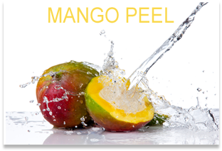 Ein Bild einer Mangoschale mit Wasserspritzern darauf