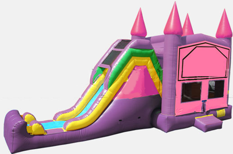 A pink and purple bouncy house with a slide