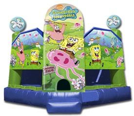 A bouncy house with spongebob and patrick on it