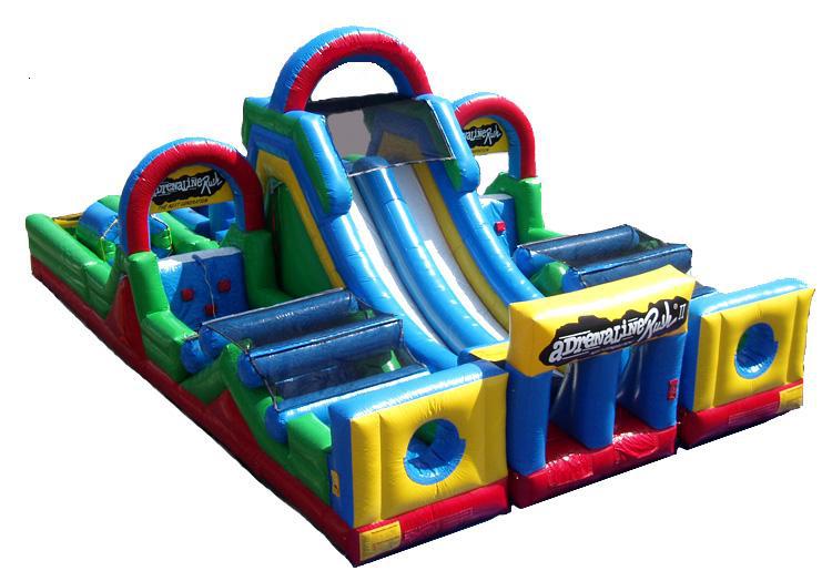 A large inflatable obstacle course with a slide and a maze.