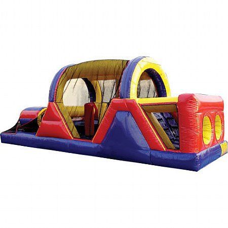A red , blue and yellow inflatable obstacle course on a white background.