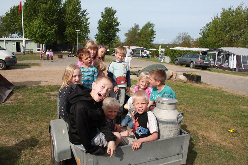 Glade børn samlet til sjove udendørs aktiviteter og leg på Vesterlyng Camping på Sjælland.