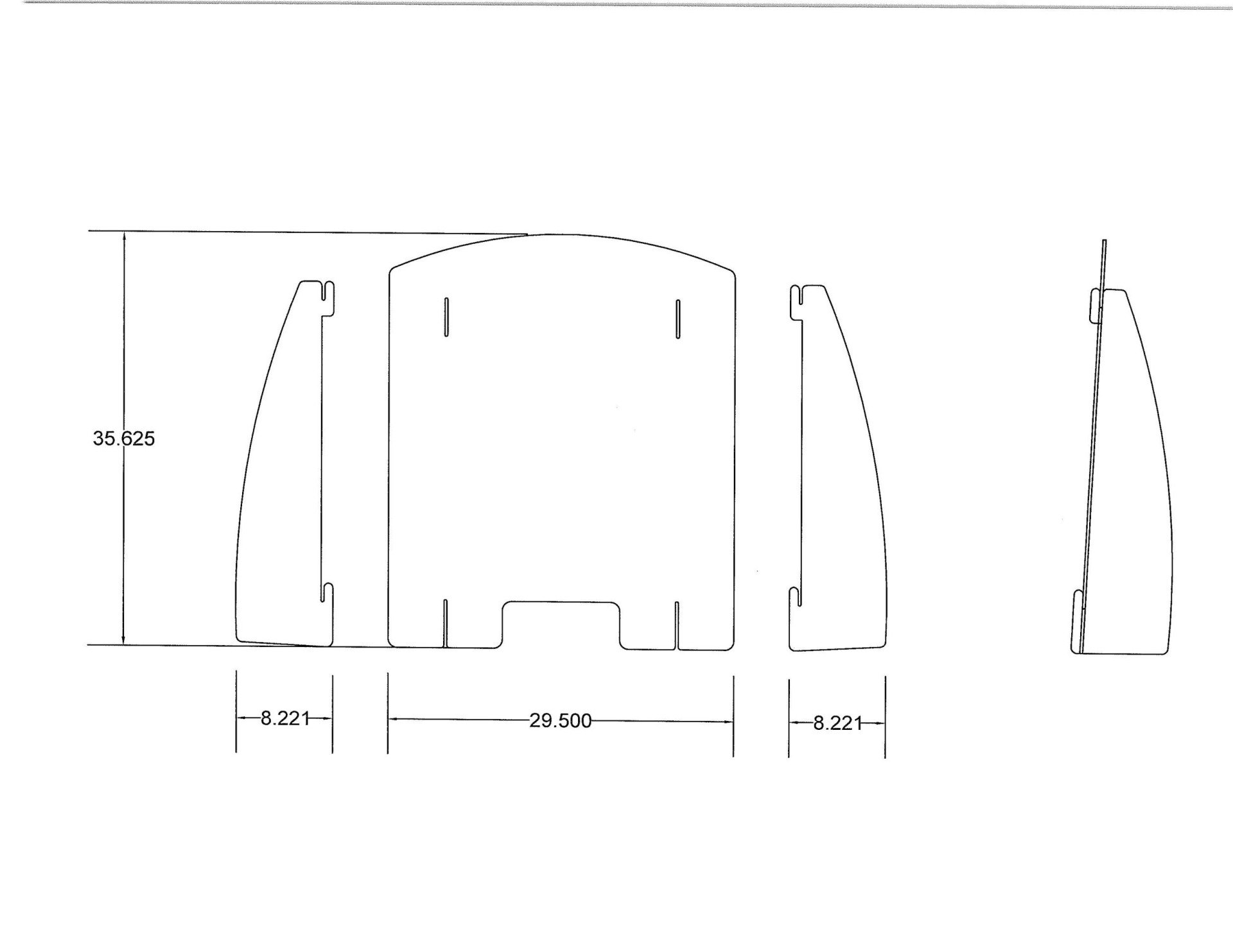 Technical line drawing showing a central panel and two side supports with dimensional measurements for a furniture piece.