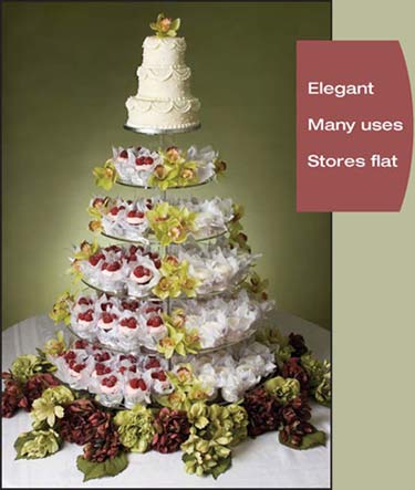 Tiered cake stand with cake and pastries, decorated with flowers. Brown text box describes: Elegant, Many uses, Stores flat.