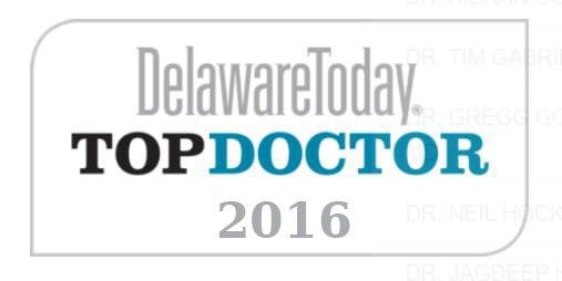 Delaware Today Top Doctor 2016 award logo in a white and gray rectangle.