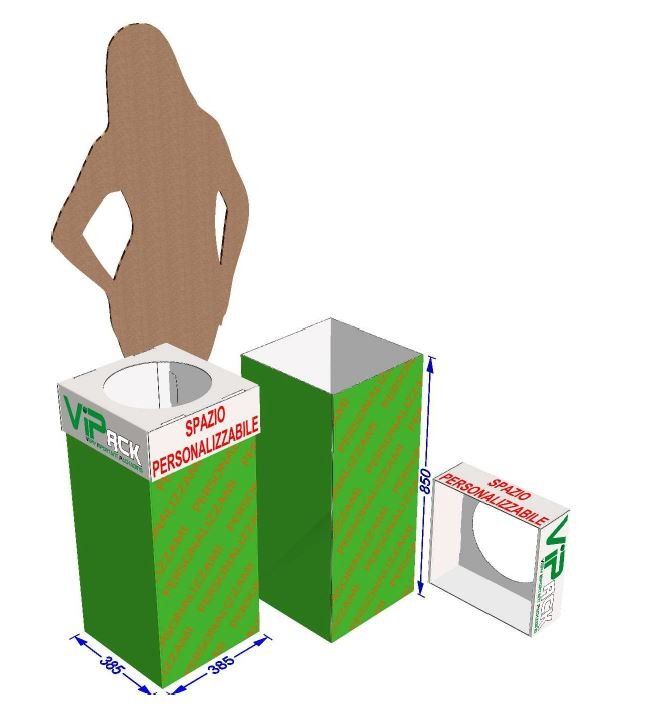 Tre scatole espositive in cartone verde con una sagoma umana, dimensioni ed etichette spaziali personalizzabili.