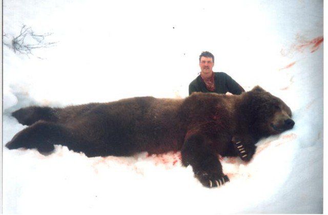 A man standing next to a large brown bear in the snow