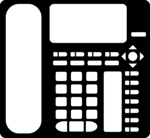 A black and white icon of a telephone on a white background.