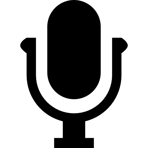 A black and white silhouette of a microphone on a white background.