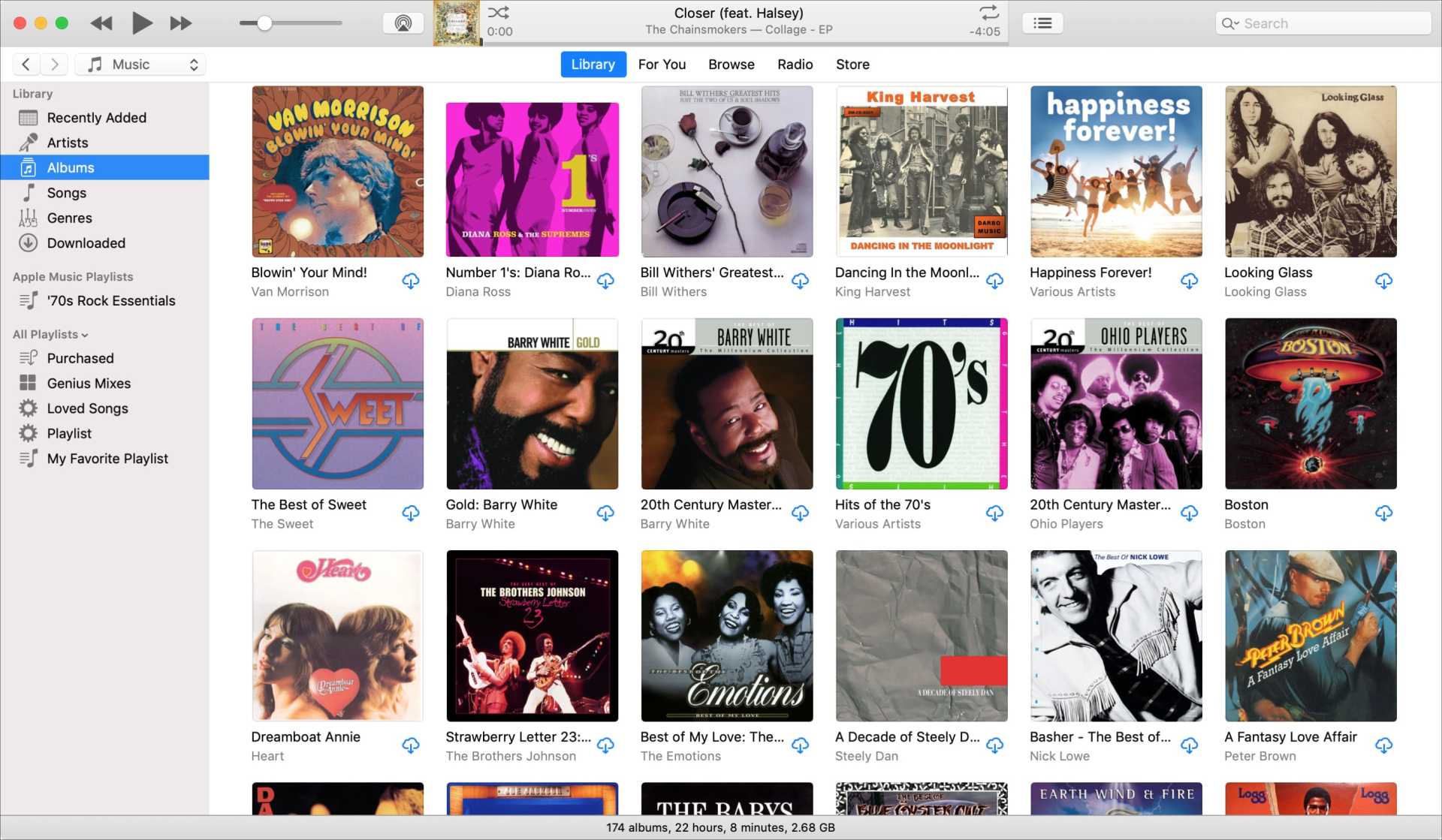 A playlist of 70 's music is displayed on a computer screen